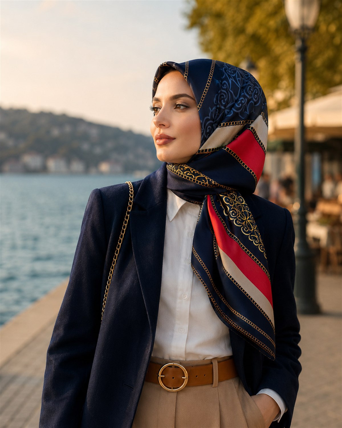 %100 Twill İpek Zincirli Ve Etnik Desenli Kırmızı - Lacivert Renkli 90x90 Eşarp Dikim Şekli : El Dikişi