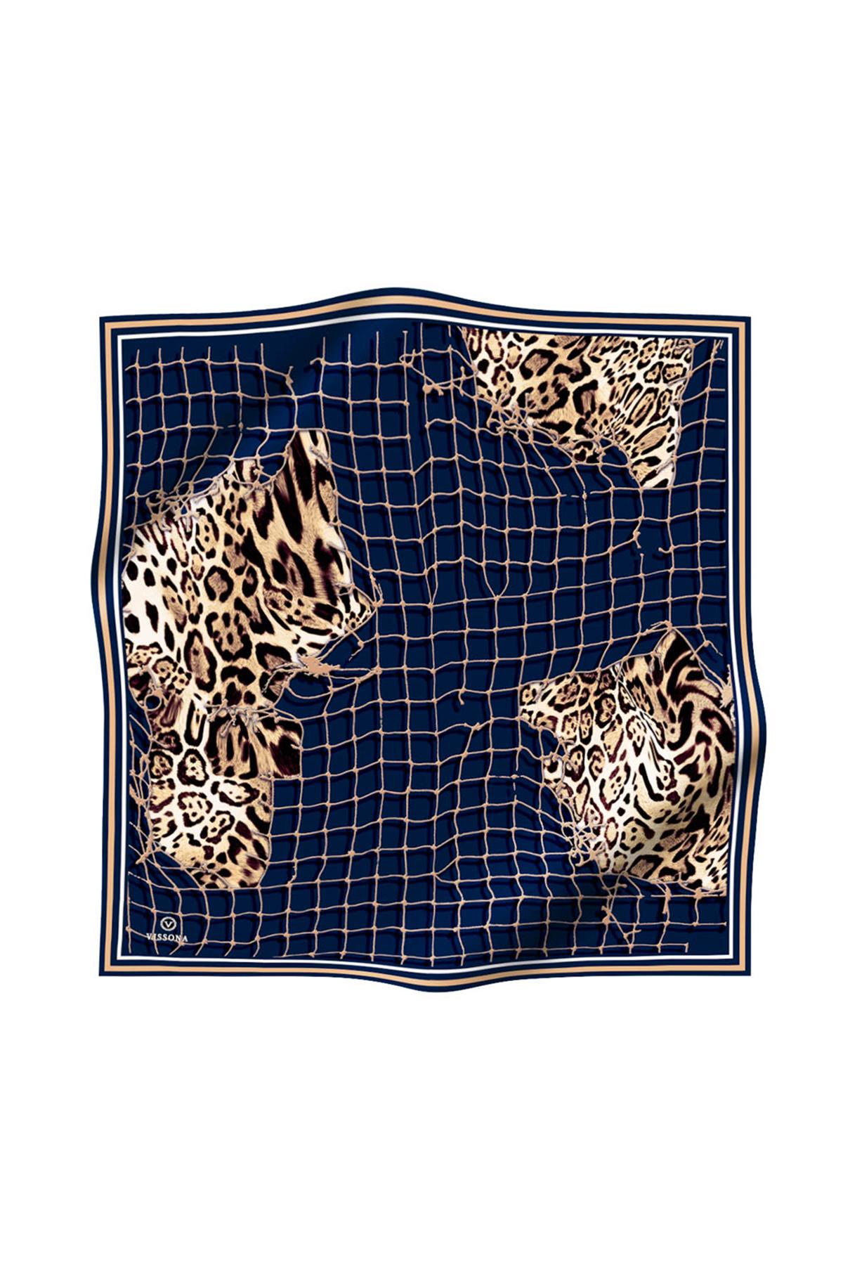 %100 Twill İpek Leopar Desenli Lacivert Renkli 90x90 Eşarp Dikim Şekli : El Dikişi