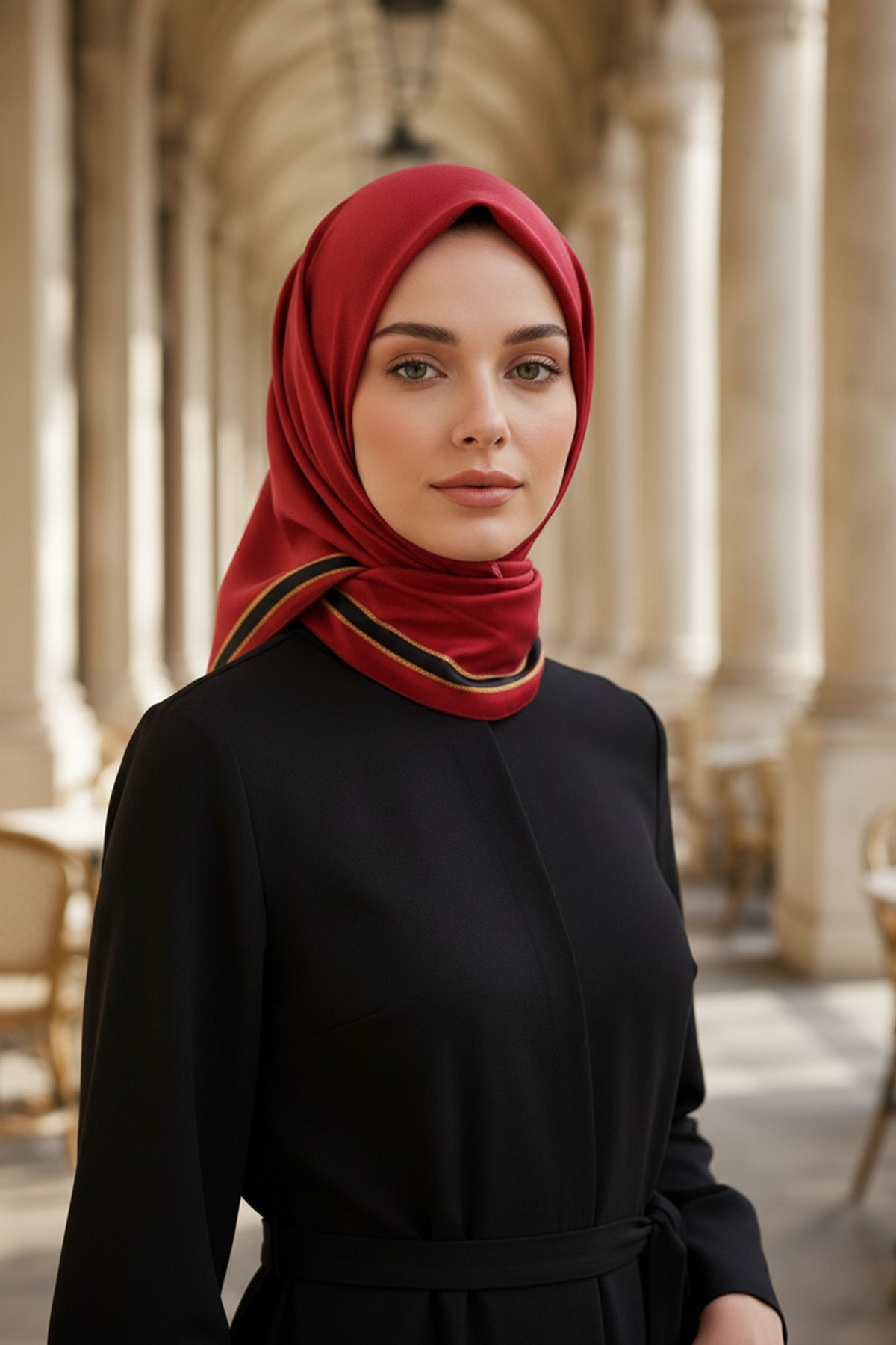 %100 Twill İpek Dokulu Şerit Desenli Siyah - Kırmızı Renkli 90x90 Eşarp Dikim Şekli : El Dikişi