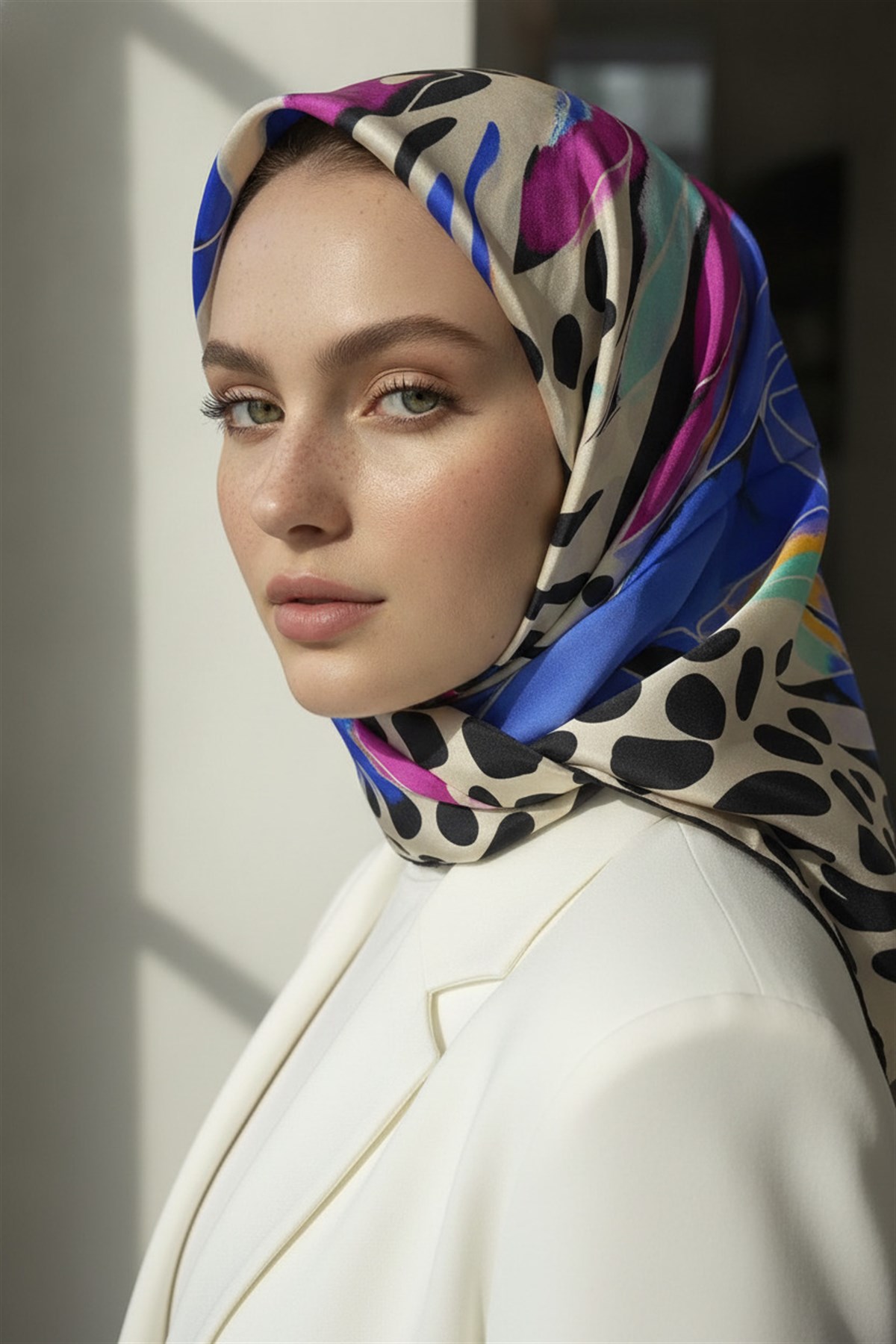 %100 Twill İpek Amazon Desenli Saks - Fuşya Renkli 90x90 Eşarp Kenar Dikiş Şekli El Dikişli