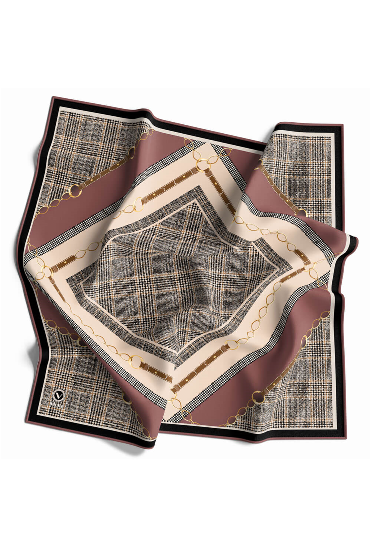 Twill Kemer ve Zincir Detaylı Ekose Desenli Gül Kurusu Renkli 90x90 Eşarp (İpek İçermez) Kenar Dikiş Şekli El Dikişli