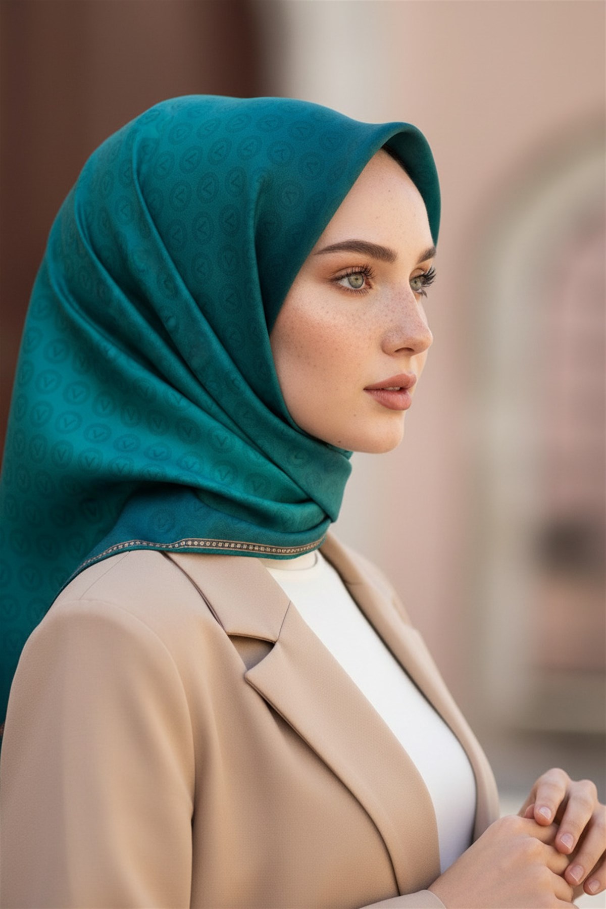 % 57 İPEK % 43 VİSKON Twill İpek Monogram Desenli Petrol Yeşili Renkli 90x90 Eşarp Dikim Şekli : El Dikişi