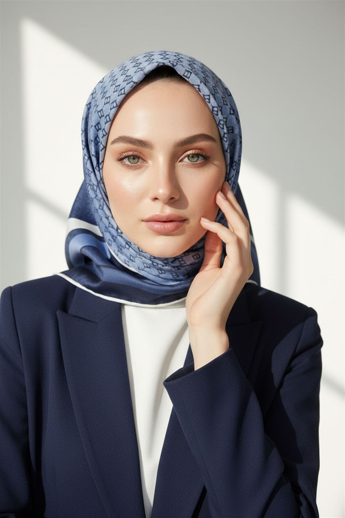 %100 Twill İpek Degrade Desenli İndigo - Bebe Mavisi Renkli 90x90 Eşarp Dikim Şekli : El Dikişi