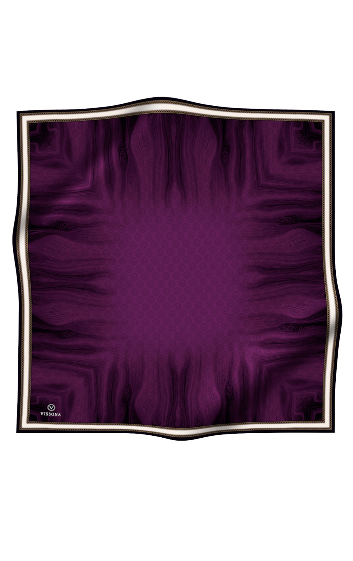 100% Twill İpek Monogram Desenli Mürdüm Renkli 90x90 Dikim Şekli : El Dikişi Eşarp