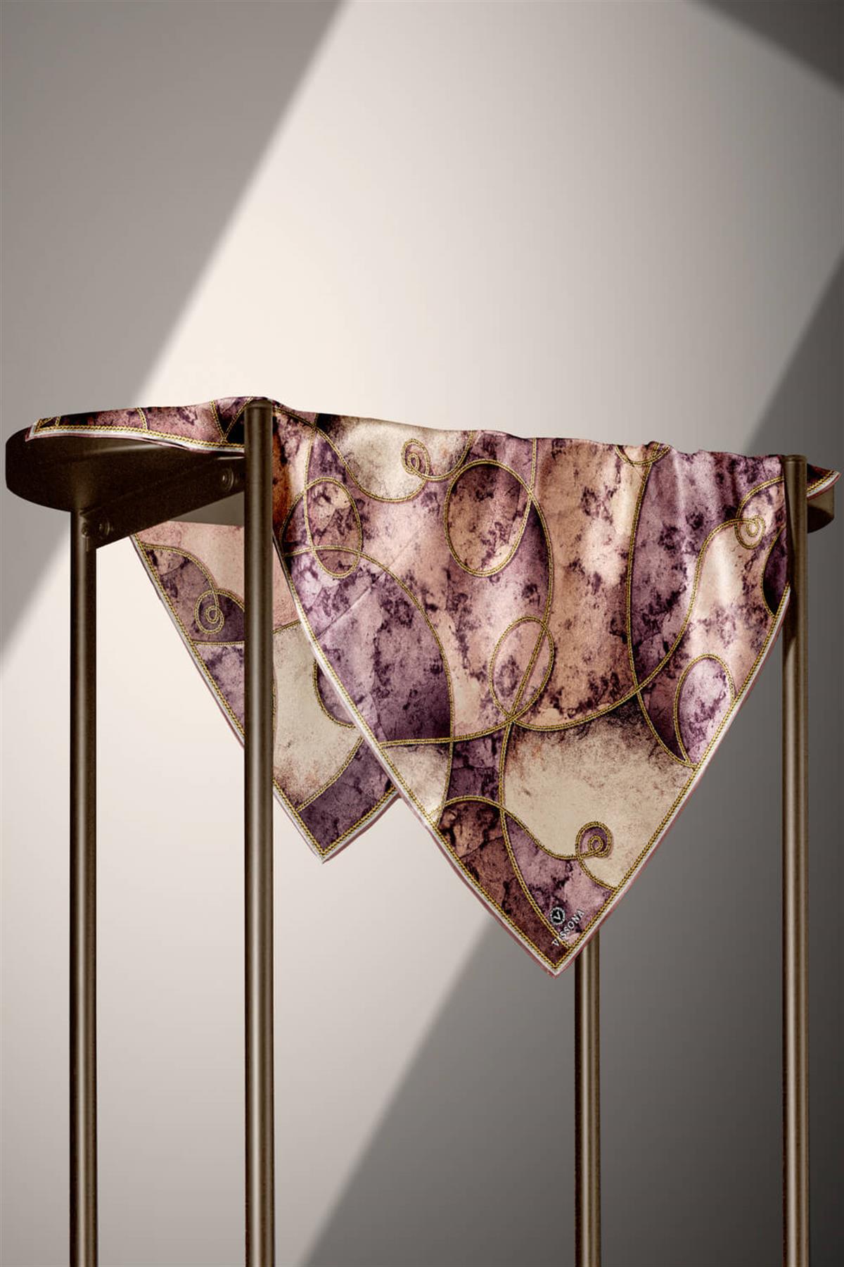 %100 Twill İpek Zincirli Mermer Desenli Gül Kurusu - Vizon Renkli 90x90 Eşarp Dikim Şekli : El Dikişi