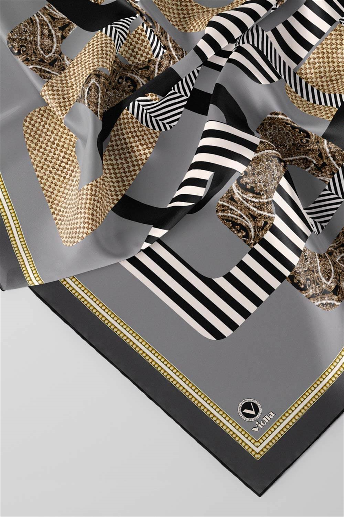 Twill Geometrik Desenli Gri Renkli 90x90 Eşarp (İpek İçermez) Kenar Dikiş Şekli El Dikişli