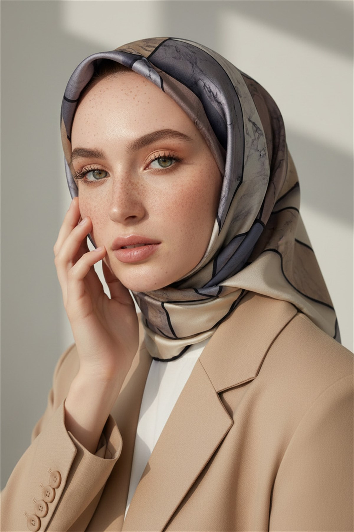 %100 Twill İpek Mermer Desenli Bej - Gri Renkli 90x90 Eşarp Dikim Şekli : El Dikişi