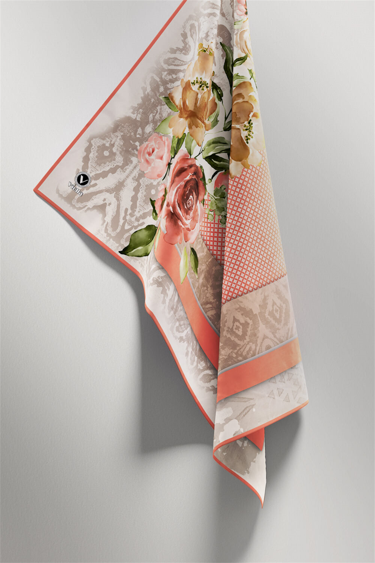 Twill Çiçek Desenli Somon Renkli 90x90 Eşarp (İpek İçermez) Kenar Dikiş Şekli El Dikişli