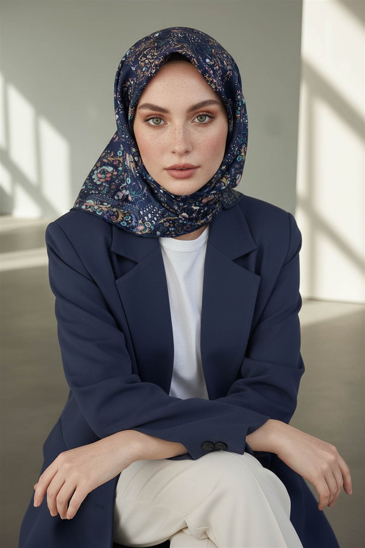 %100 Twill İpek Şal Desenli Lacivert - İndigo Renkli 90x90 Eşarp Dikim Şekli : El Dikişi