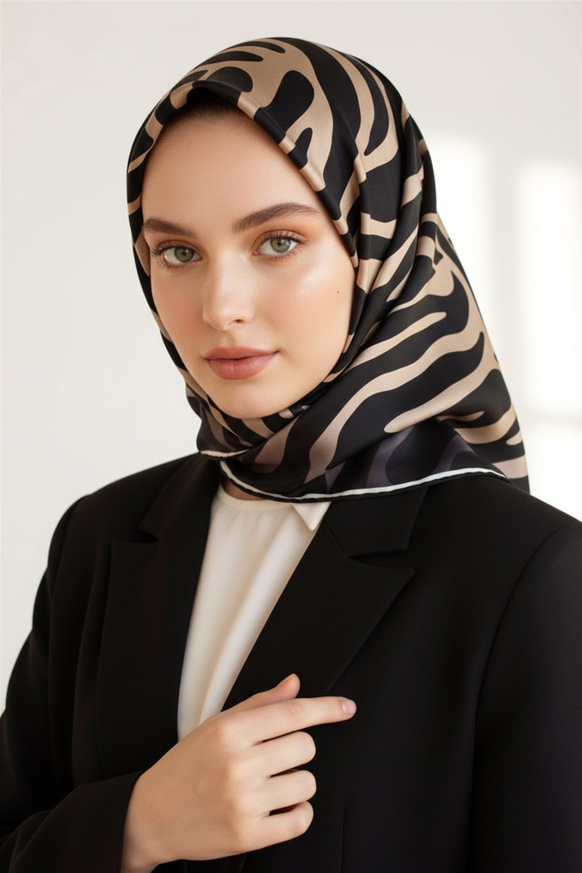 %100 Twill İpek Zebra Desenli Bej - Siyah Renkli 90x90 Eşarp Dikim Şekli : El Dikişi