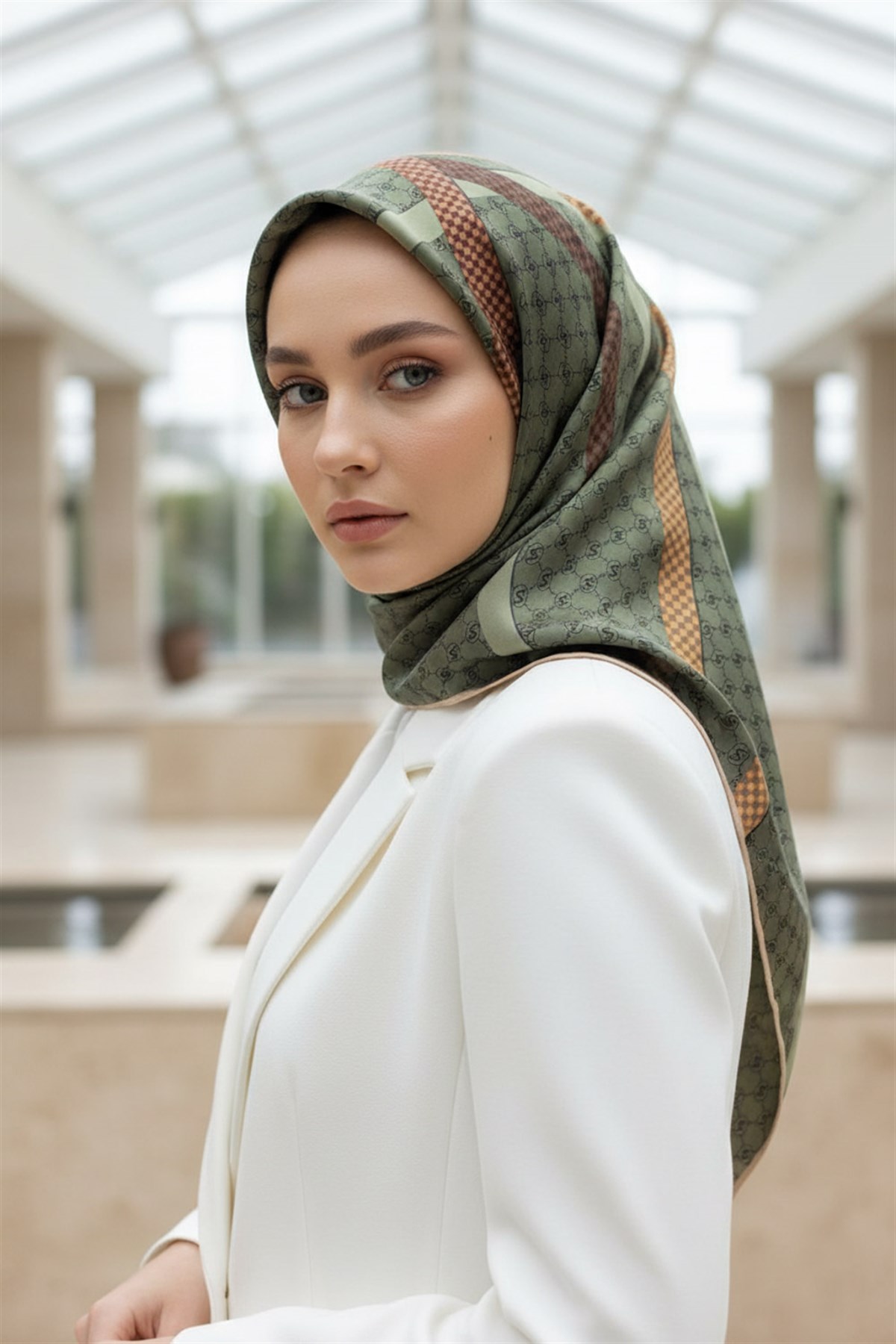 %57 İPEK %43 VİSKON Twill İpek Monogram Ve Şerit Desenli Haki - Taba  Renkli 90x90 Eşarp Dikim Şekli : El Dikişi