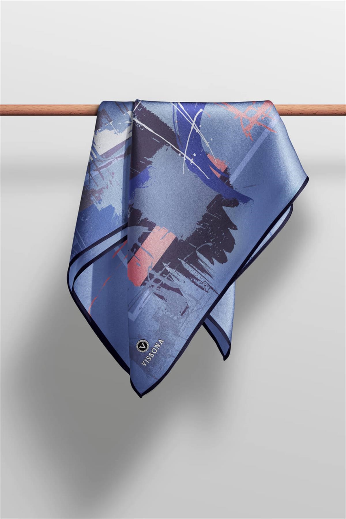 %57 İPEK %43 VİSKON Twill İpek Geometrik Desenli İndigo - Gül Kurusu Renkli 90x90 Eşarp Dikim Şekli : El Dikişi
