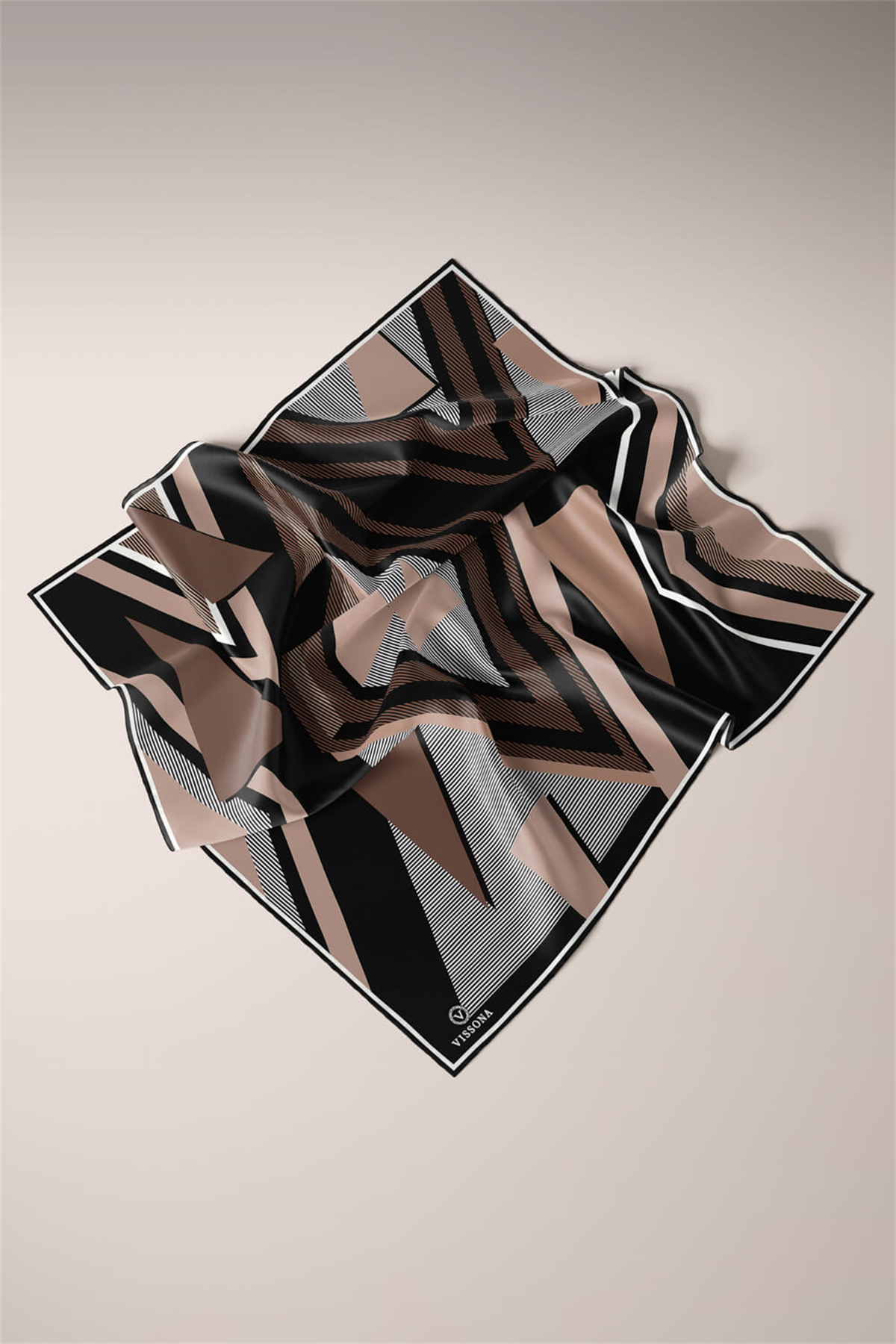 % 57 İPEK % 43 VİSKON Twill İpek Geometrik Desenli Bej - Siyah Renkli 90x90 Eşarp Dikim Şekli : El Dikişi