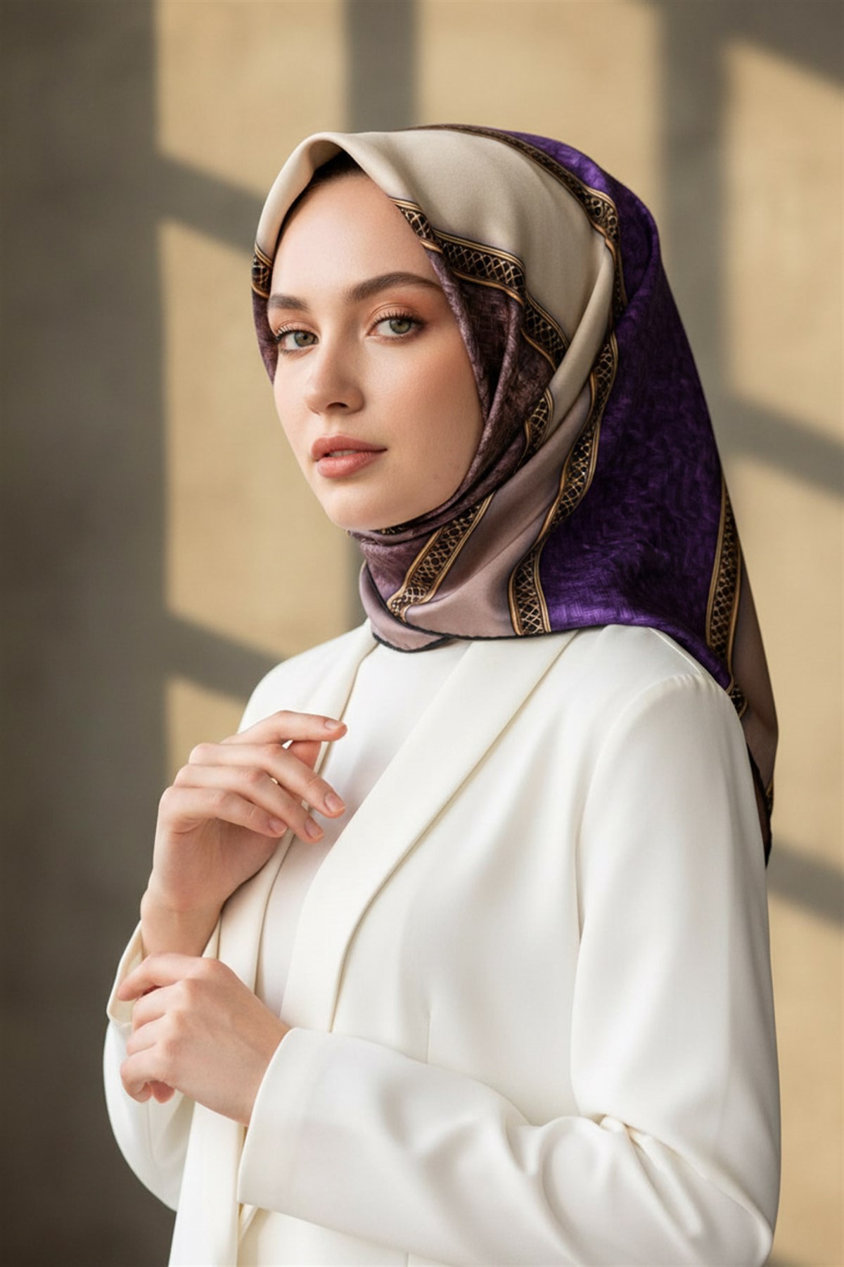 %100 Twill İpek Dokulu Ve Şerit Desenli Mor - Somon Renkli 90x90 Eşarp Dikim Şekli : El Dikişi