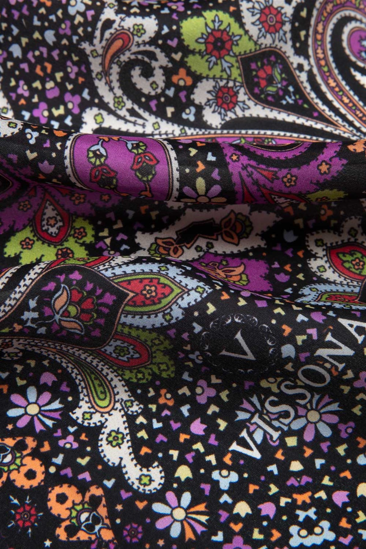 100% İpek Etro Desenli Siyah - Turuncu Renkli 92x210 Şal