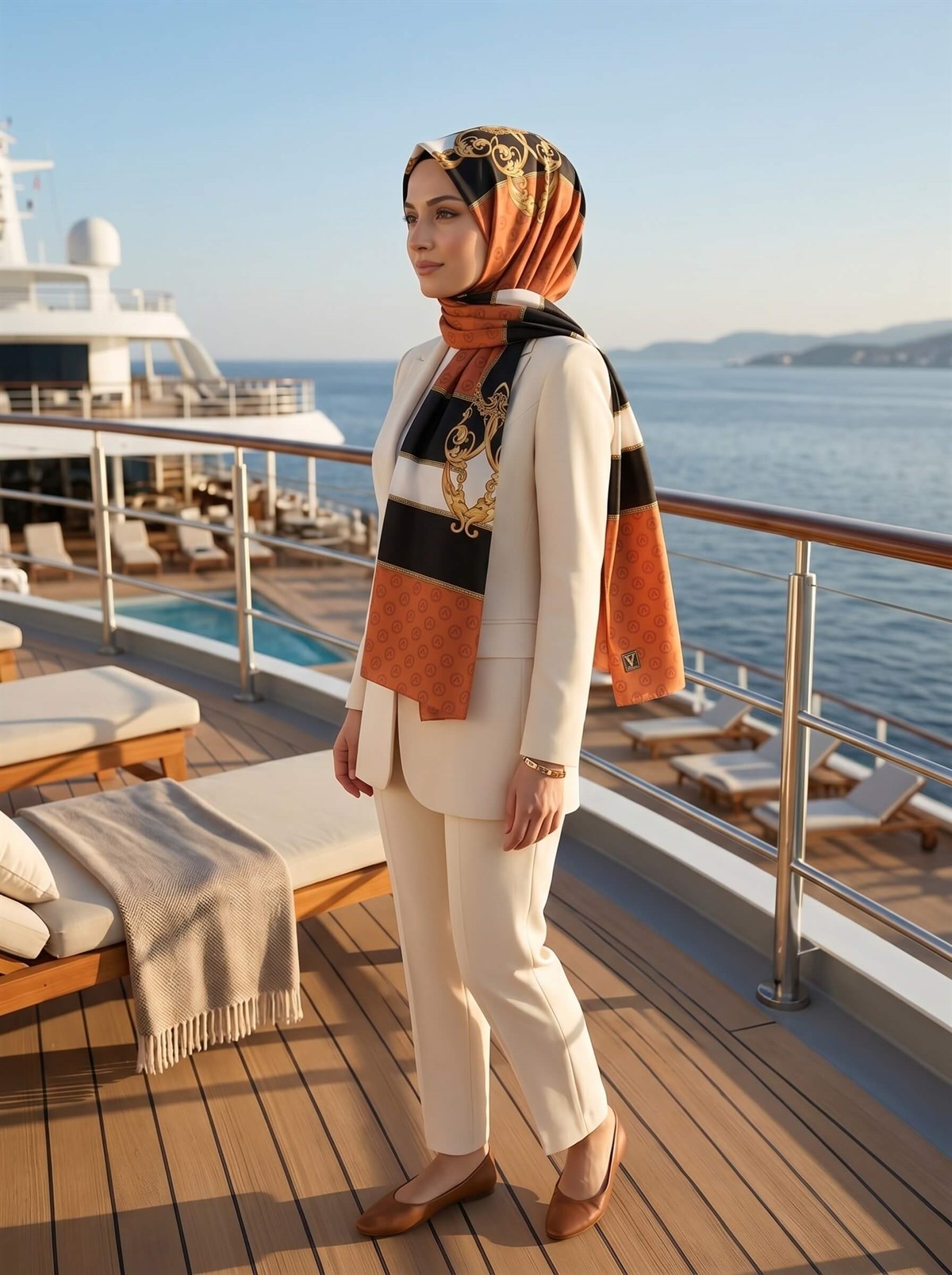 %100 Saf İpek Şal İnce Saten Vual Dokuma Monogram Ve Varak Desenli Taba - Gold Renkli 90x210 Şal
