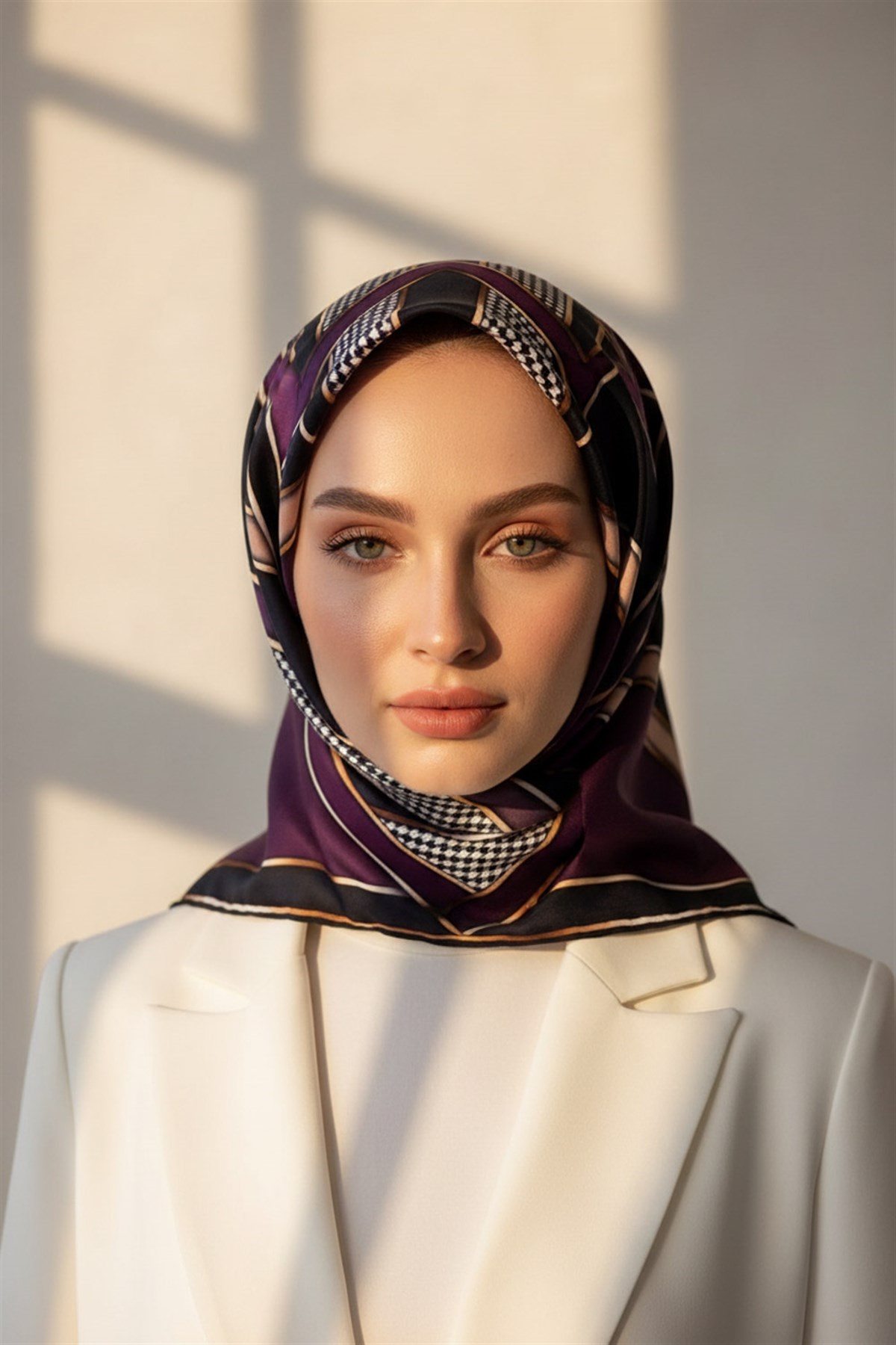 %100 Twill İpek Kareli Kazayaklı Desenli Mürdüm - Lacivert Renkli 90x90 Eşarp Kenar Dikiş Şekli El Dikişli