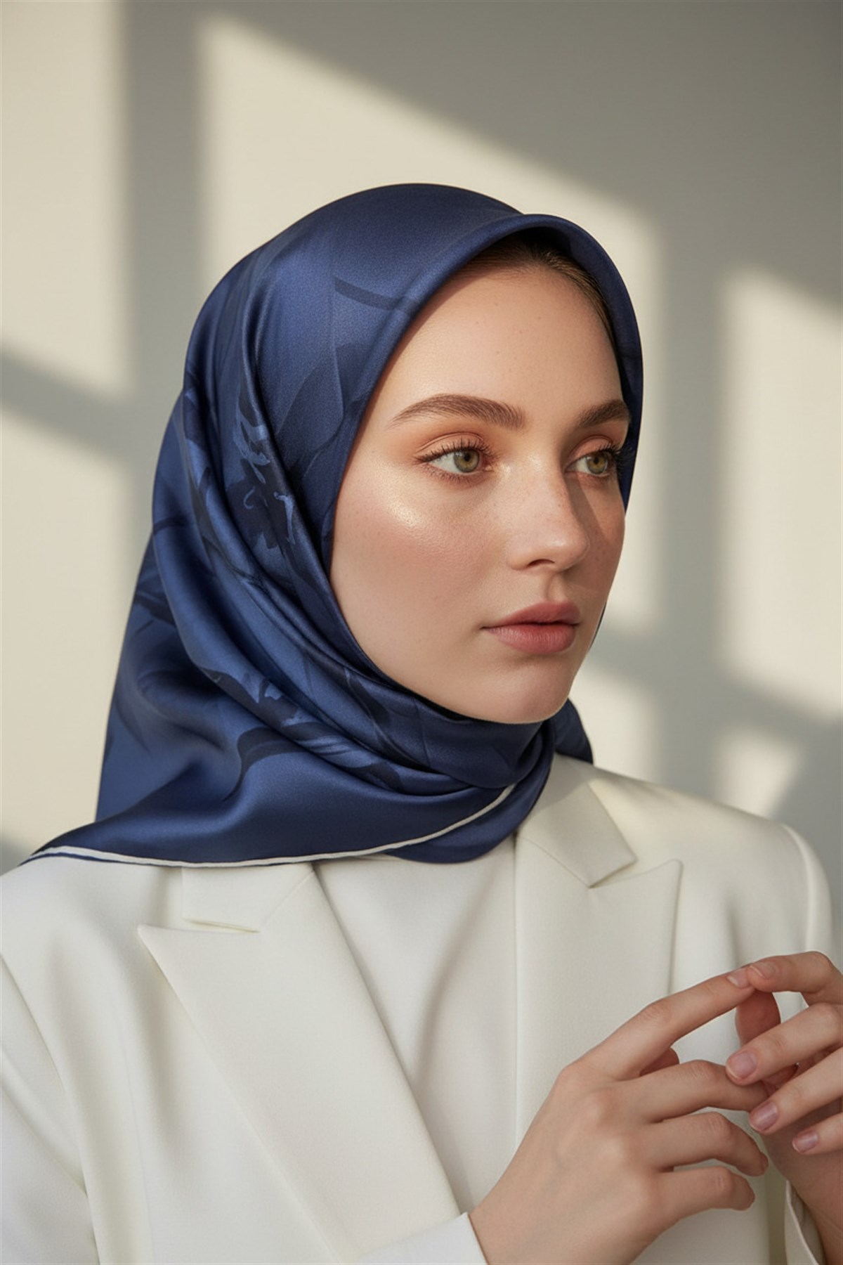 100% Twill İpek Çiçek Desenli Lacivert Renkli 90x90 Dikim Şekli : El Dikişi Eşarp