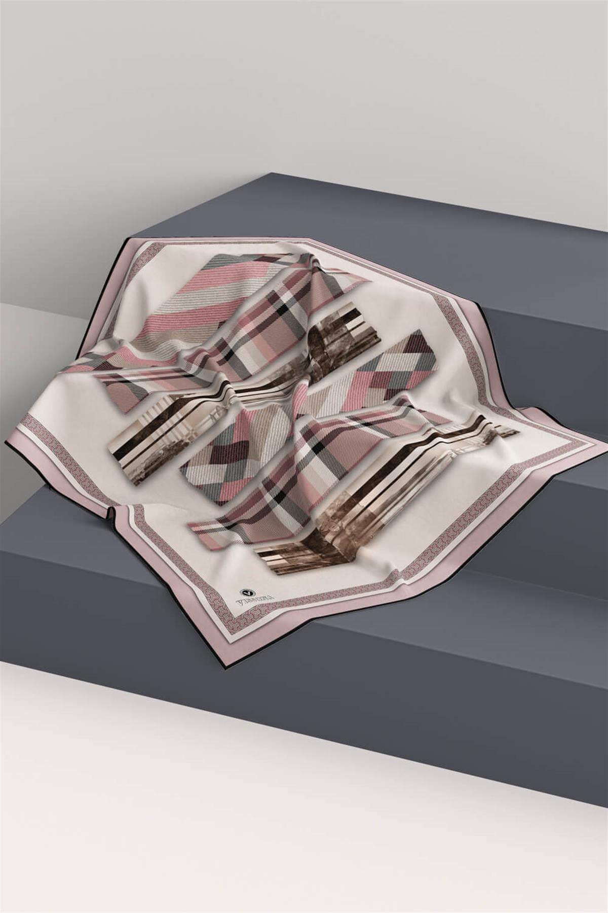 %100 Twill İpek Ekose Desenli Pudra - Gri Renkli 90x90 Eşarp Dikim Şekli : El Dikişi