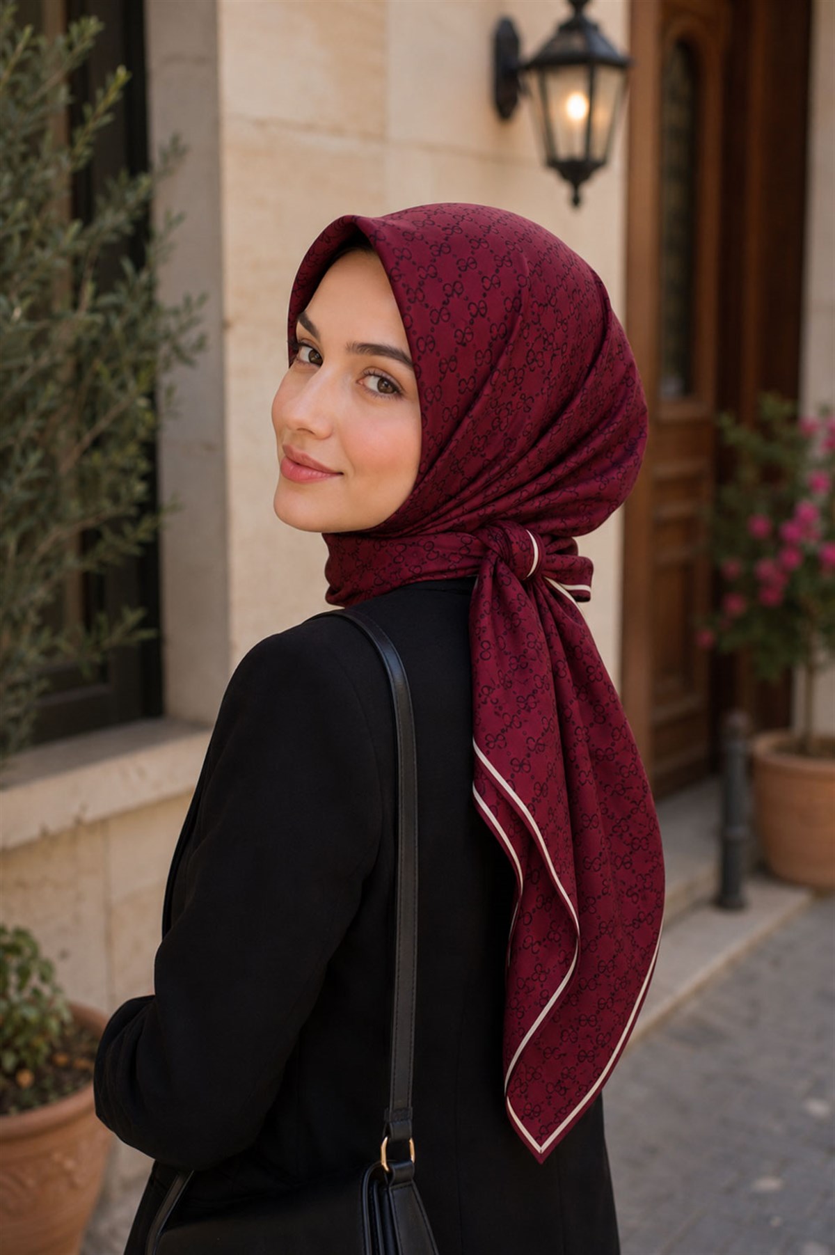 %100 Twill İpek Geometrik Desenli Bordo Renkli 90x90 Eşarp Dikim Şekli : El Dikişi