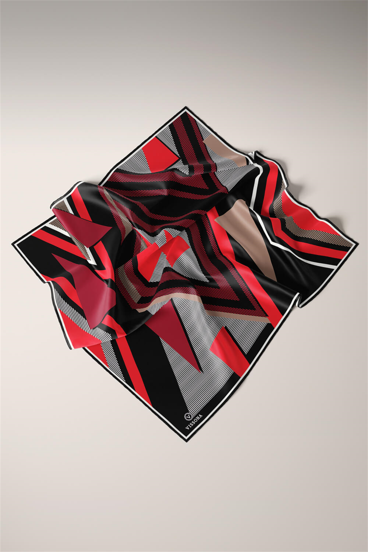 % 57 İPEK % 43 VİSKON Twill İpek Geometrik Desenli Bordo - Siyah Renkli 90x90 Eşarp Dikim Şekli : El Dikişi