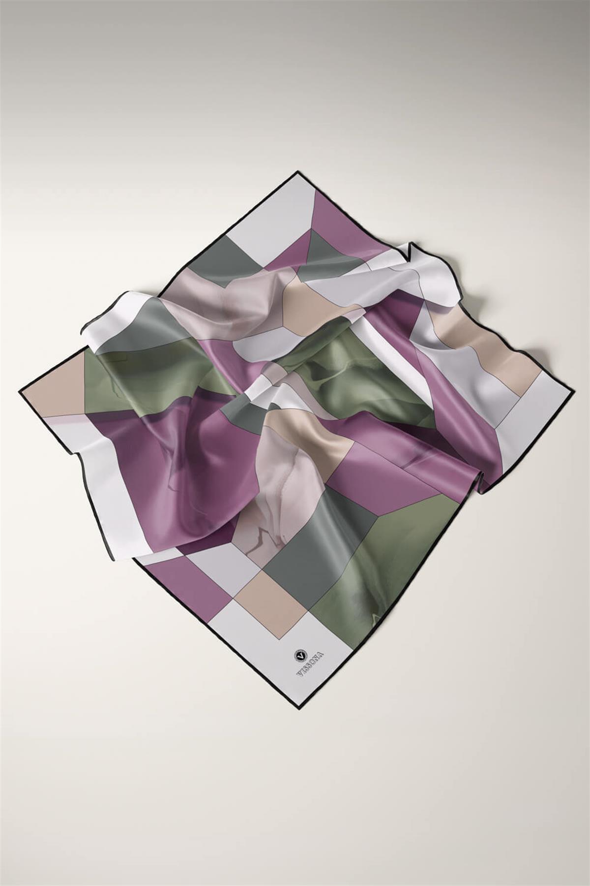 %100 Twill İpek Geometrik Desenli Gül Kurusu - Haki Renkli 90x90 Eşarp Dikim Şekli : El Dikişi