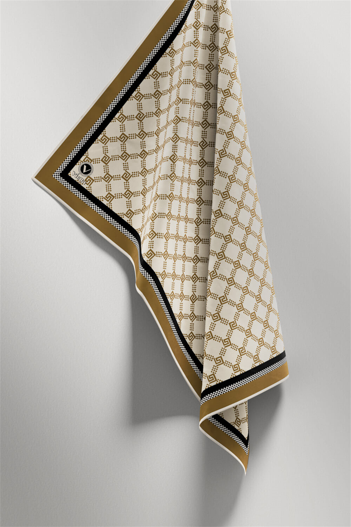 Twill Minik Motifli Geometrik Desenli Bej - Kahverengi Renkli 90x90 Eşarp (İpek İçermez) Dikim Şekli : El Dikişi