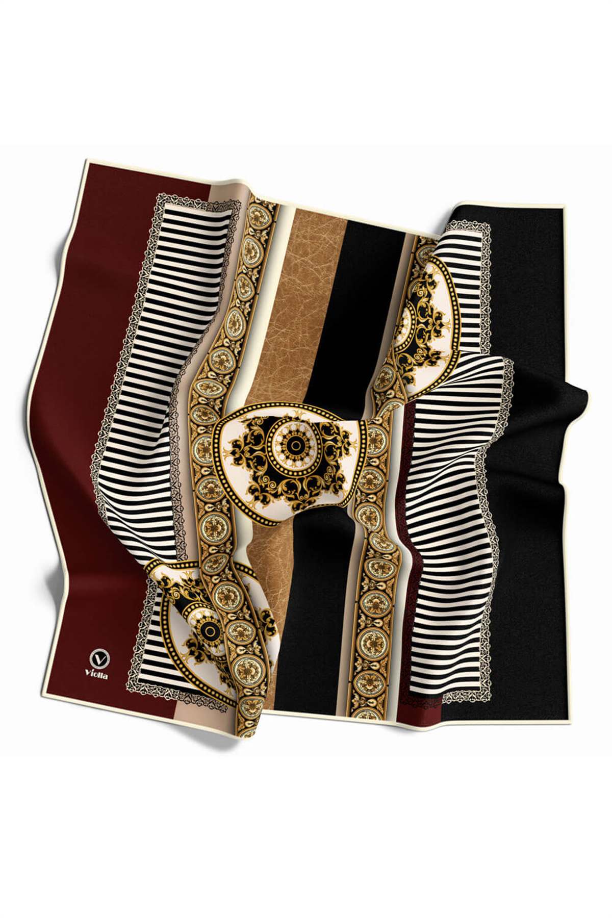 Twill Çizgili ve Barok Desenli Bordo Renkli 90x90 Eşarp (İpek İçermez) Kenar Dikiş Şekli El Dikişli