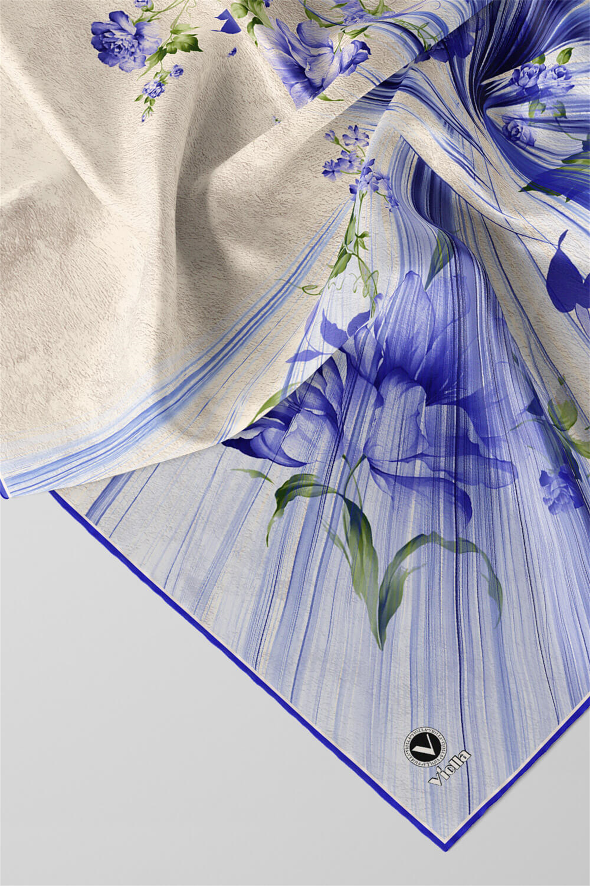 Twill Çiçekli Desenli Saks Renkli 90x90 Eşarp (İpek İçermez) Kenar Dikiş Şekli El Dikişli