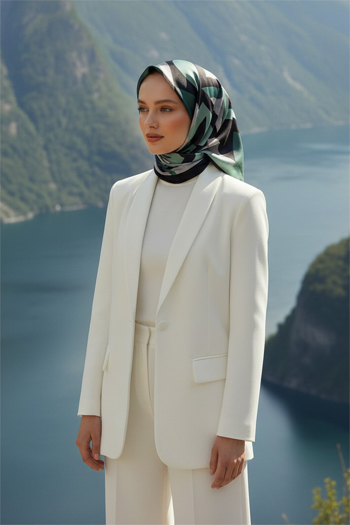 %100 Twill İpek Eşarp 90x90 Siyah Mint Geometrik Çizgi Desenli El Dikişli Kadın Eşarp