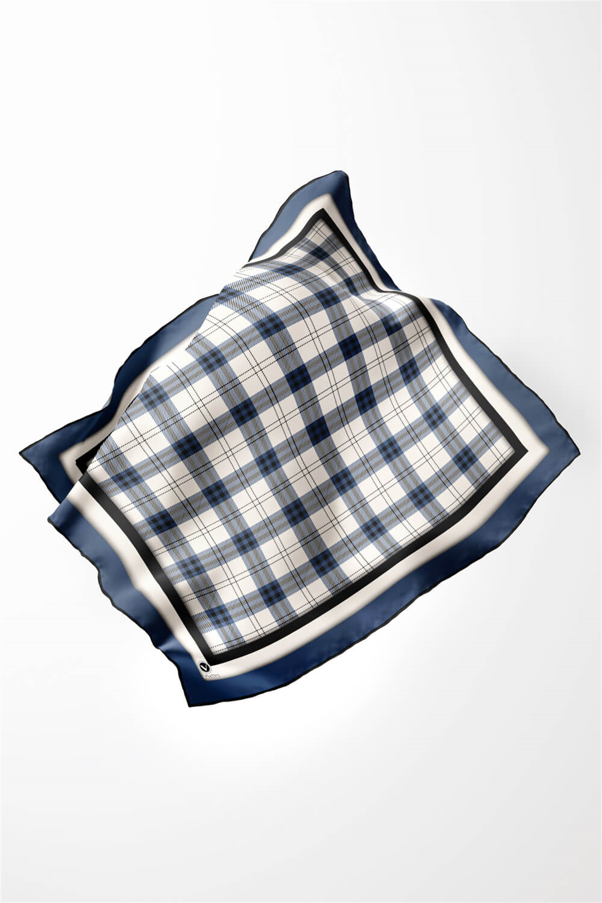 Twill Ekose Desenli İndigo Renkli 90x90 Eşarp (İpek İçermez) Kenar Dikiş Şekli El Dikişli