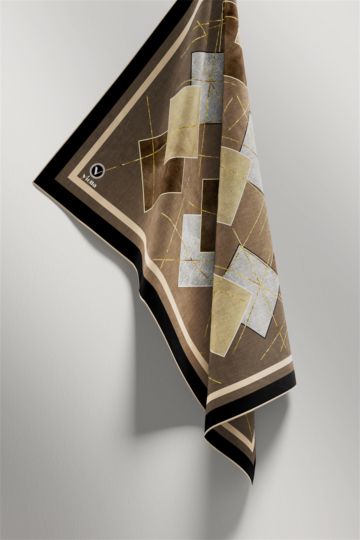 Twill Geometrik Desenli Vizon Renkli 90x90 Eşarp (İpek İçermez) Kenar Dikiş Şekli El Dikişli