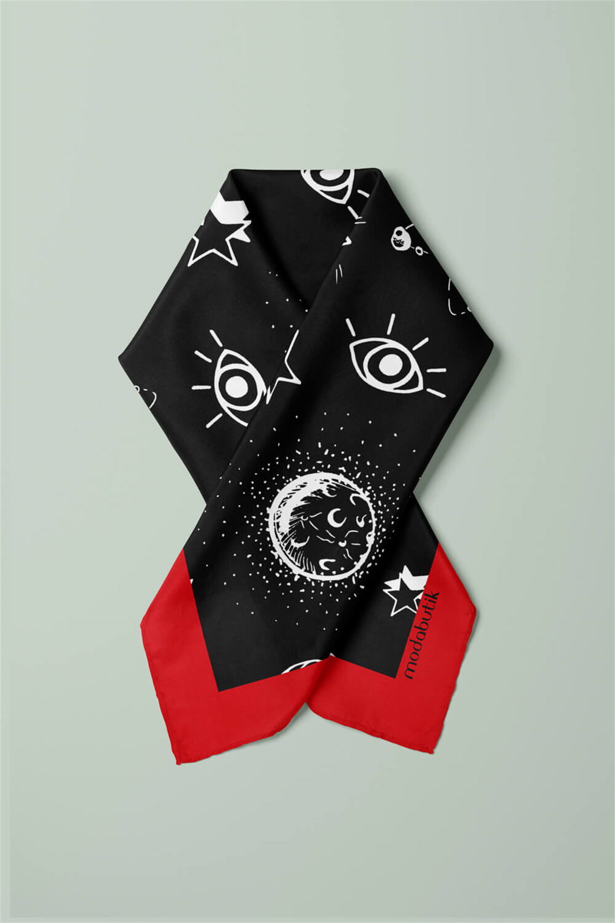 A116 Kadın Yıldız Desenli Bandana 55x55 Siyah Beyaz DG0405-22