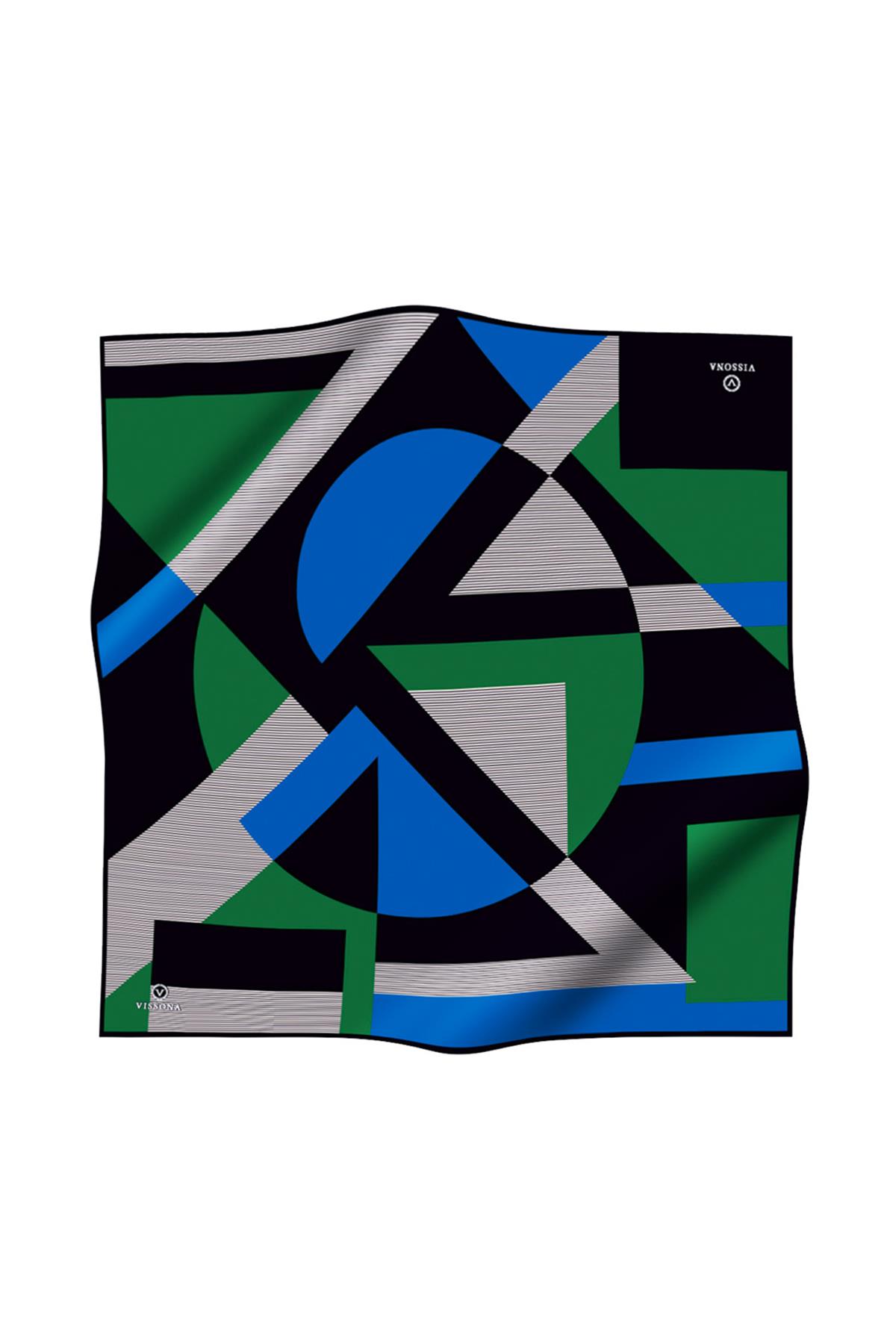 %100 Twill İpek Geometrik Çizgi Desenli Saks - Zümrüt Yeşili Renkli 90x90 Eşarp Kenar Dikiş Şekli El Dikişli