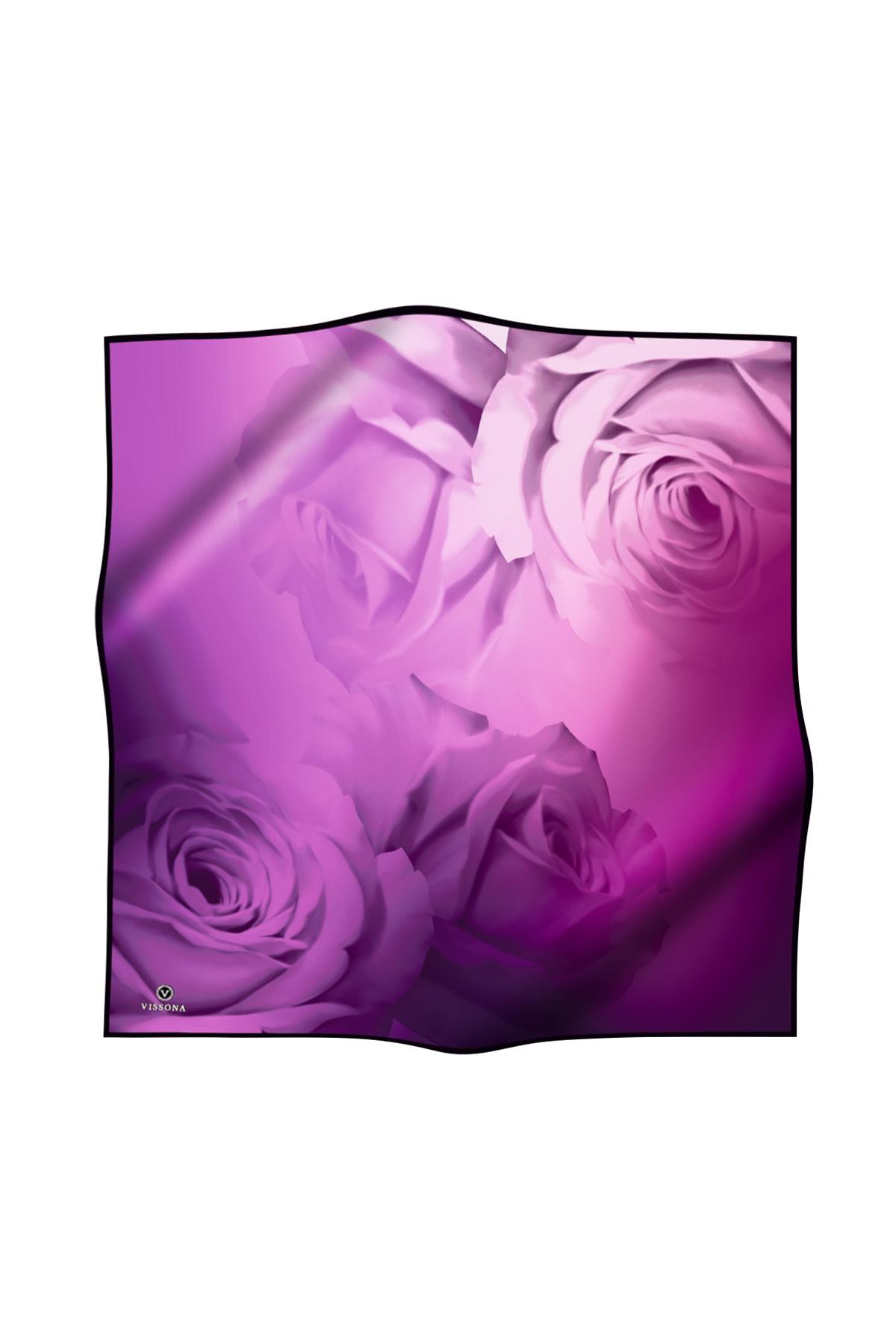 %100 Twill İpek Gül Desenli Mor - Pembe Renkli 90x90 Eşarp Dikim Şekli : El Dikişi