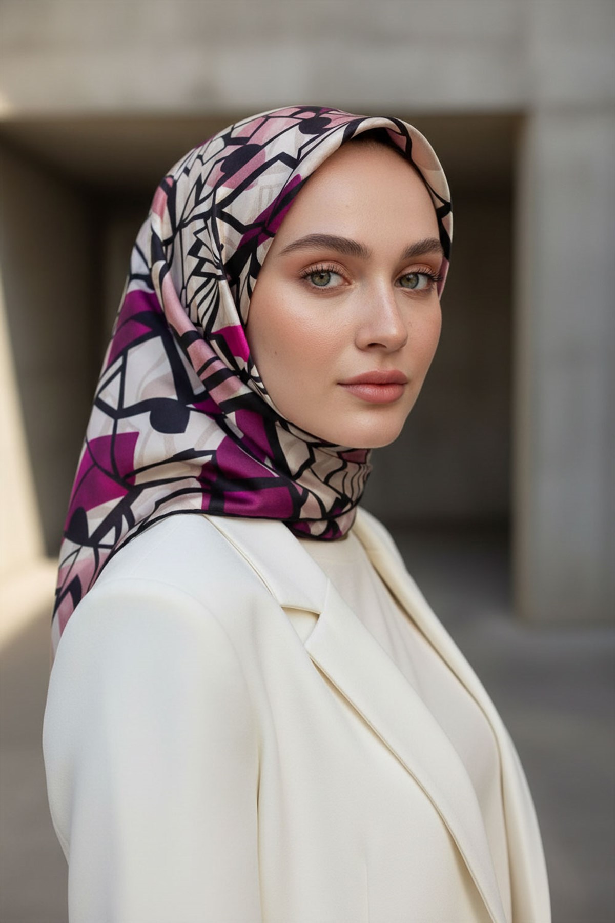 %100 Twill Renkli Petek Desenli Fuşya - Pembe Renkli 90x90 Eşarp Dikim Şekli: El Dikişii