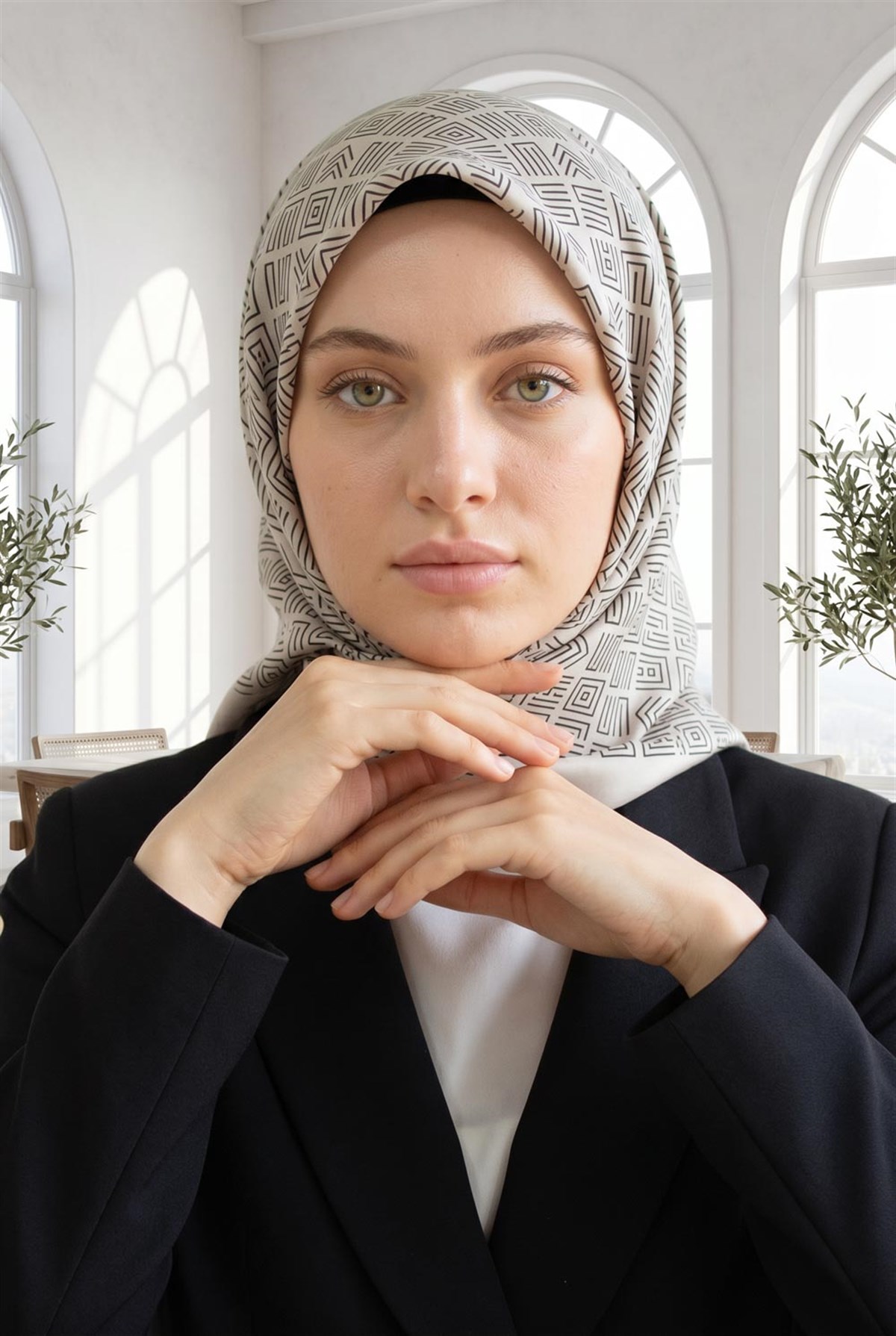 100% Twill İpek Etnik Motif Desenli Krem - Siyah Renkli 90x90 Dikim Şekli : El Dikişi Eşarp