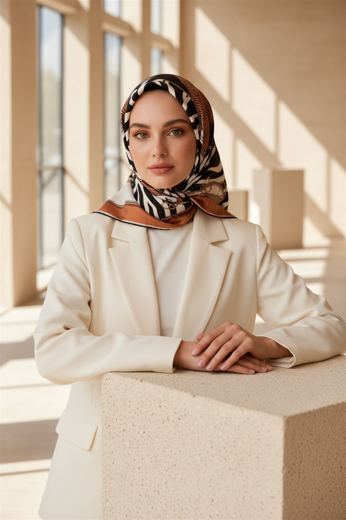 %100 Twill İpek Zincirli Ve Zebra Desenli Bakır - Siyah Renkli 90x90 Eşarp Dikim Şekli : El Dikişi