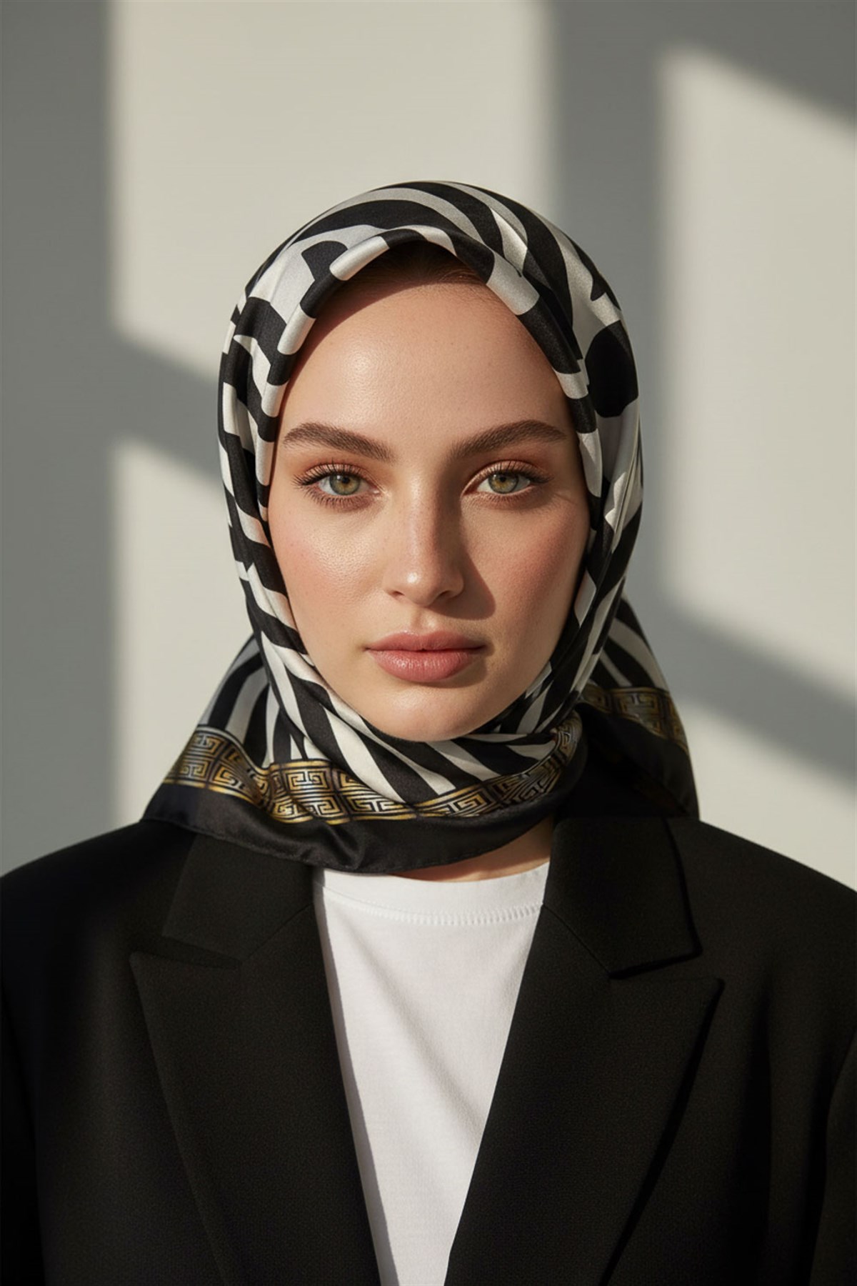 % 57 İPEK % 43 VİSKON Twill İpek Zebra Desenli Siyah - Beyaz Renkli 90x90 Eşarp Dikim Şekli : El Dikişi