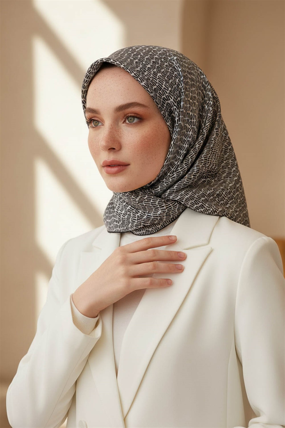 %100 Twill İpek Çizgi Desenli Krem - Siyah Renkli 90x90 Eşarp Dikim Şekli : El Dikişi