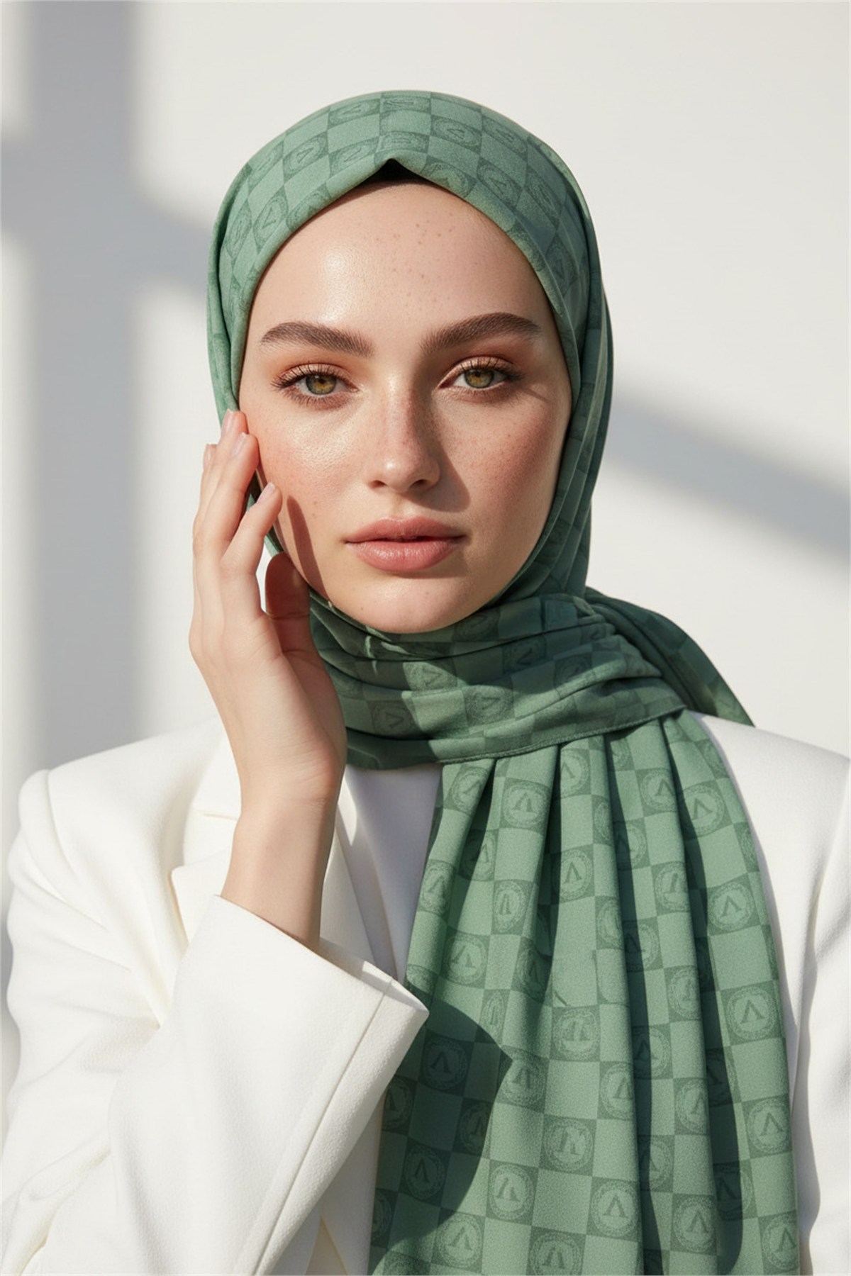 KREP MONOGRAM DESENLİ KÜF YEŞİLİ RENKLİ 75X195 KIRIŞMAZ ŞAL