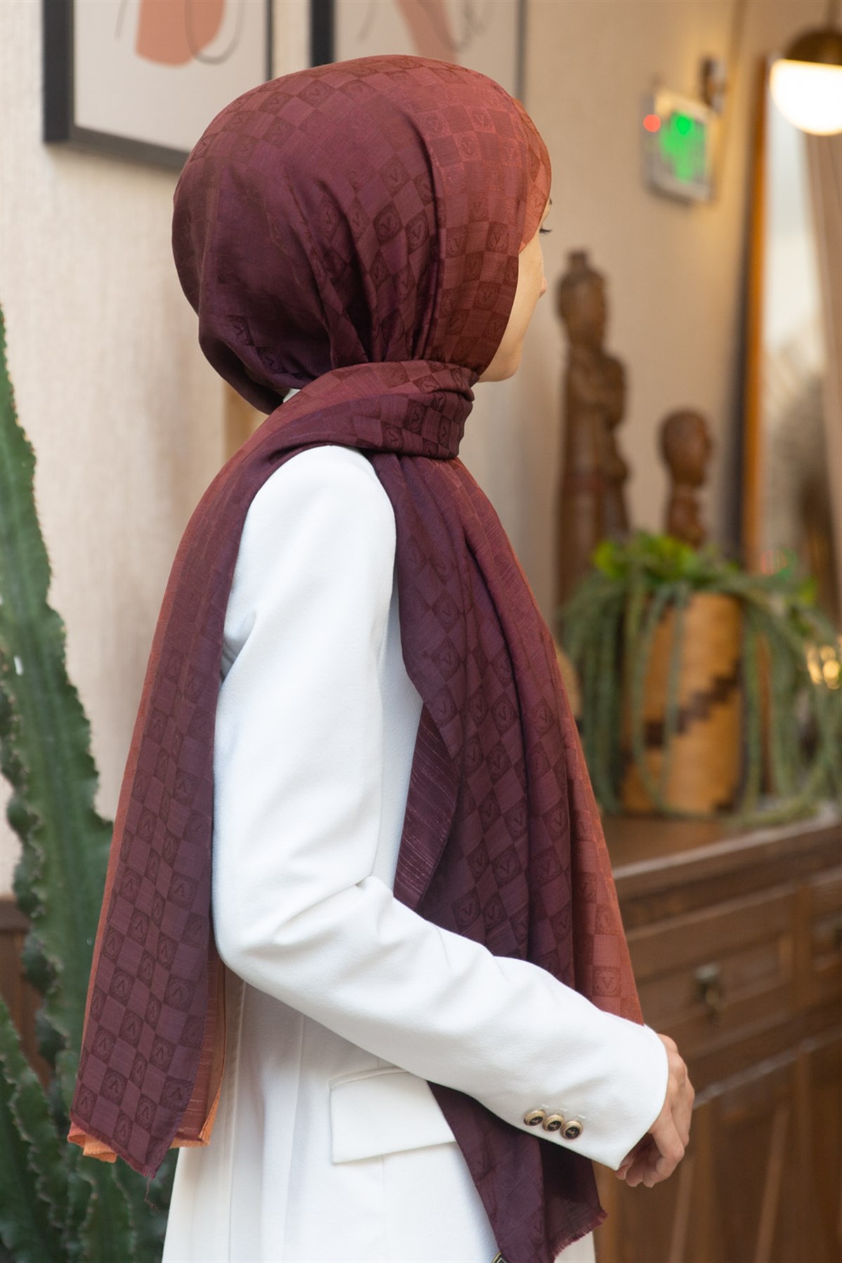 Vissona %57 İPEK %43 PAMUK Degrade Desenli Taba Renkli Şal -  70x190 Dikiş Tipi İtalyan Dikişli
