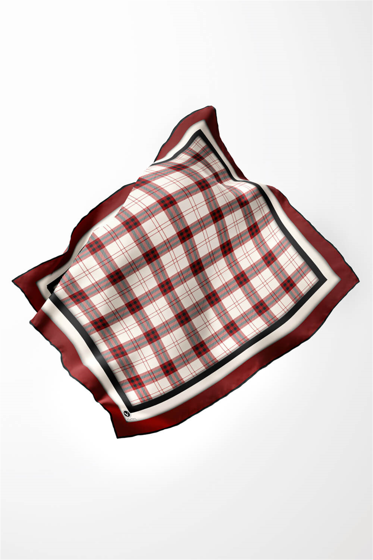 Twill Ekose Desenli Bordo Renkli 90x90 Eşarp (İpek İçermez) Kenar Dikiş Şekli El Dikişli