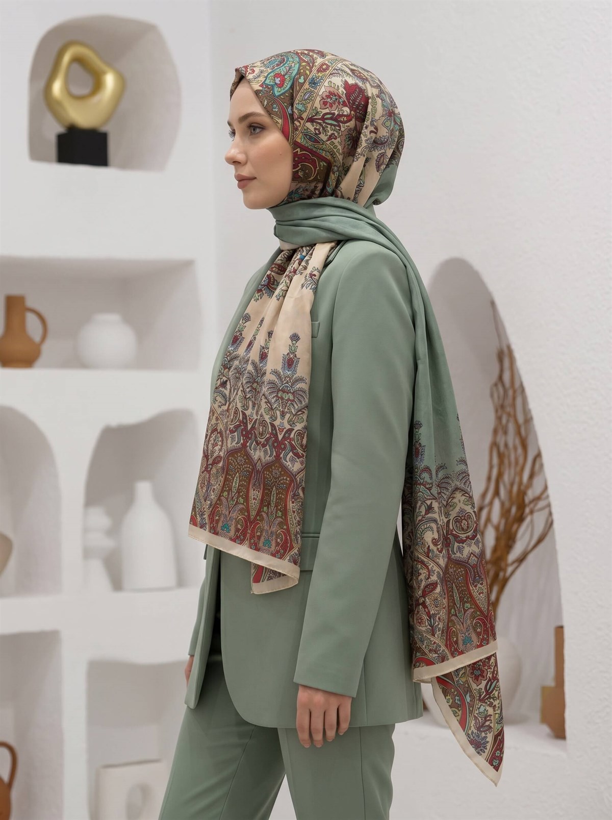 %100 Saf İpek Şal İnce Saten Vual Dokuma Etnik Desenli Krem Renkli 90x210 Şal