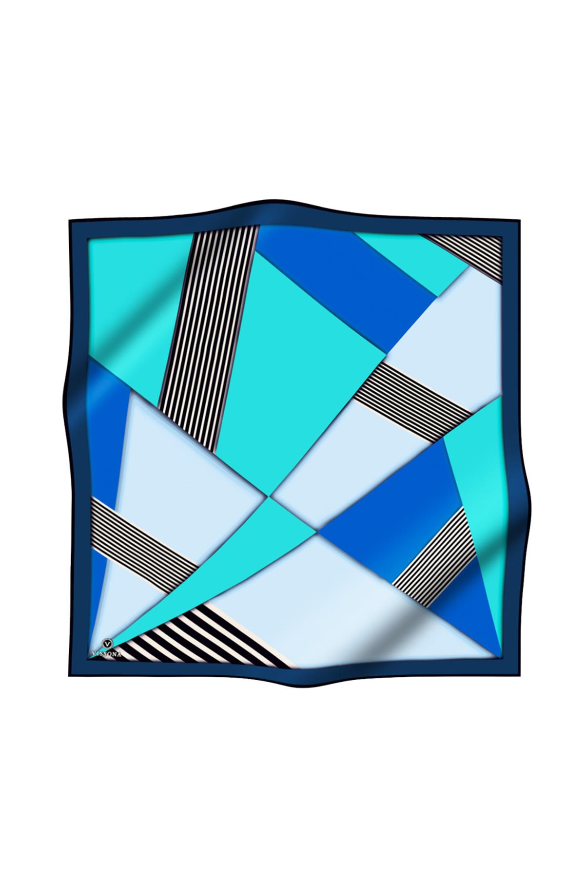 %100 Twill İpek Çizgili ve Geometrik Desenli Saks - Mint Yeşili Renkli 90x90 Eşarp Dikim Şekli : El Dikişi