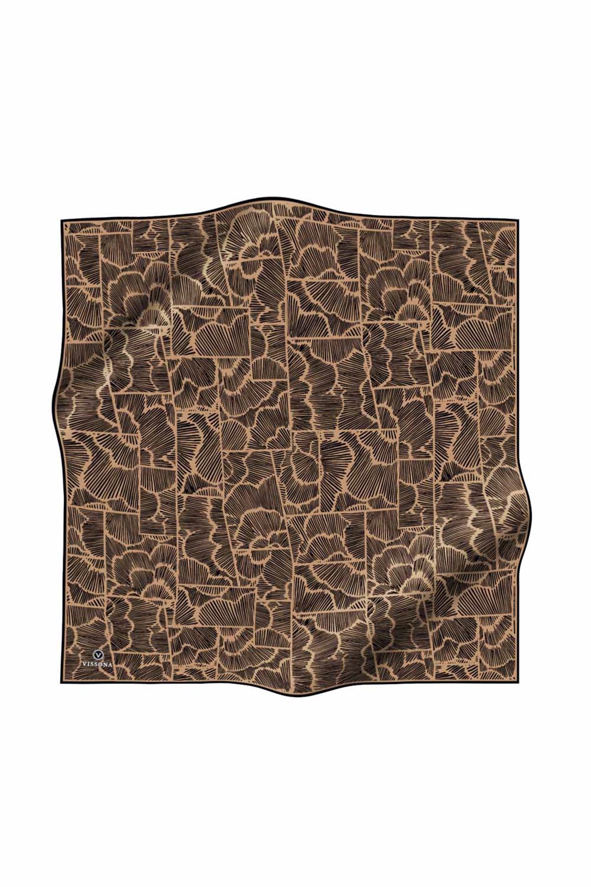 %100 Twill İpek Geometrik Desenli Gold - Siyah Renkli 90x90 Eşarp Dikim Şekli : El Dikişi