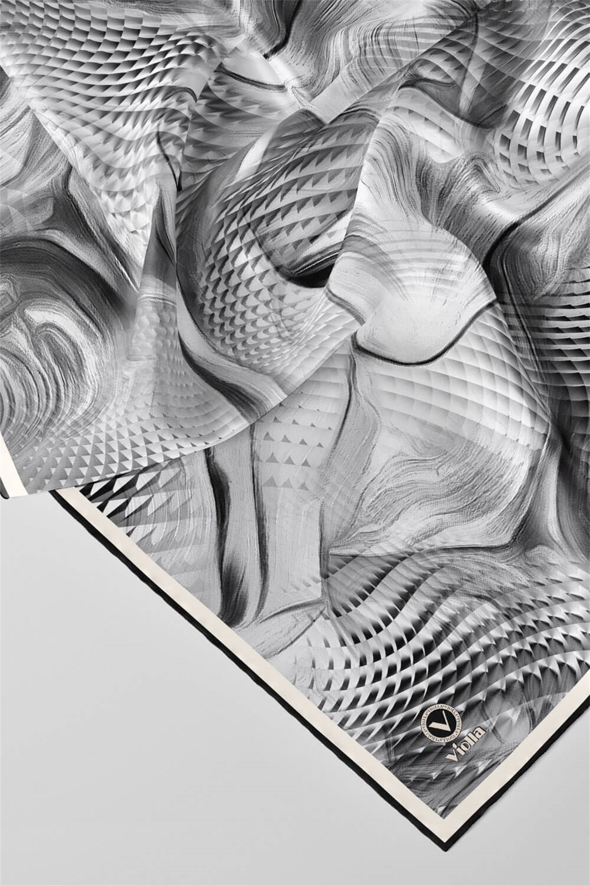 Twill Geometrik Ve Dalga Desenli Gri Renkli 90x90 Eşarp (İpek İçermez) Dikim Şekli : El Dikişi