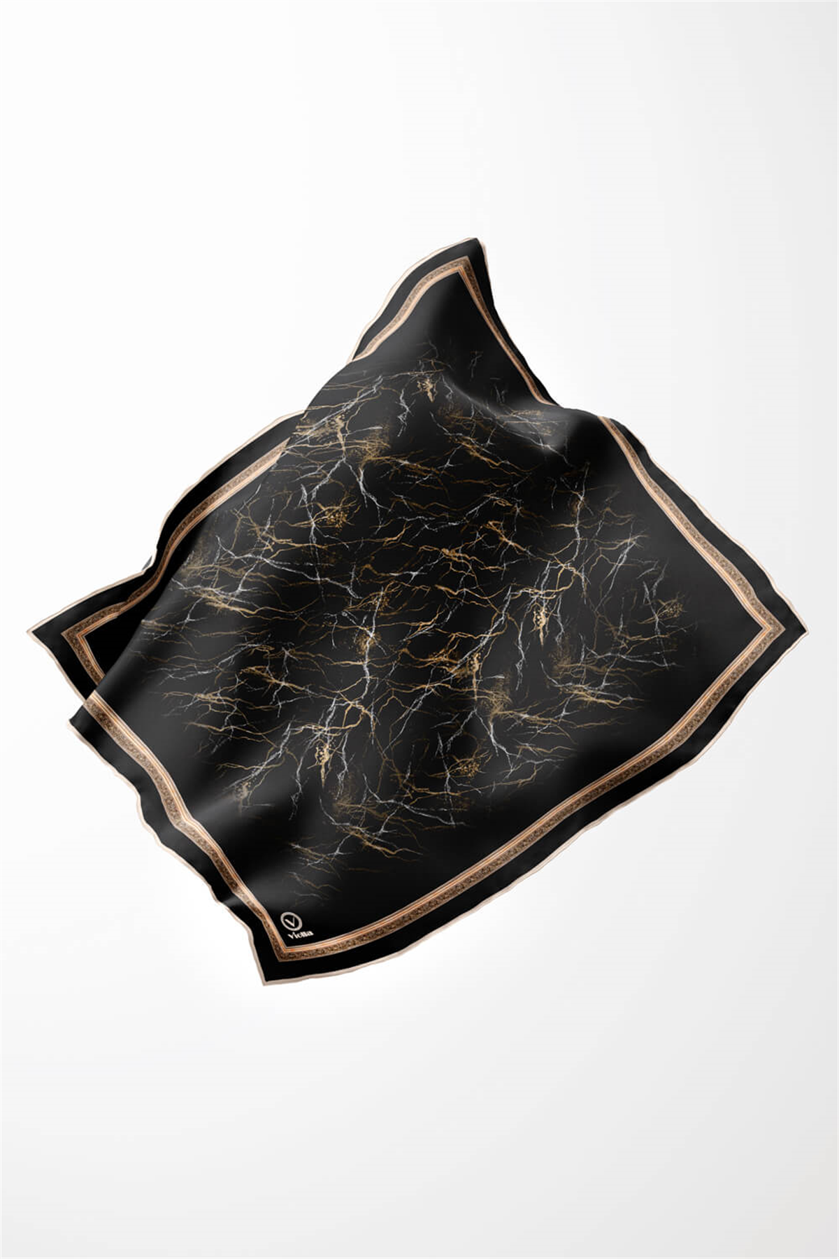 Twill Barok Çerçeveli Mermer Desenli Siyah Renkli 90x90 Eşarp (İpek İçermez) Kenar Dikiş Şekli El Dikişli