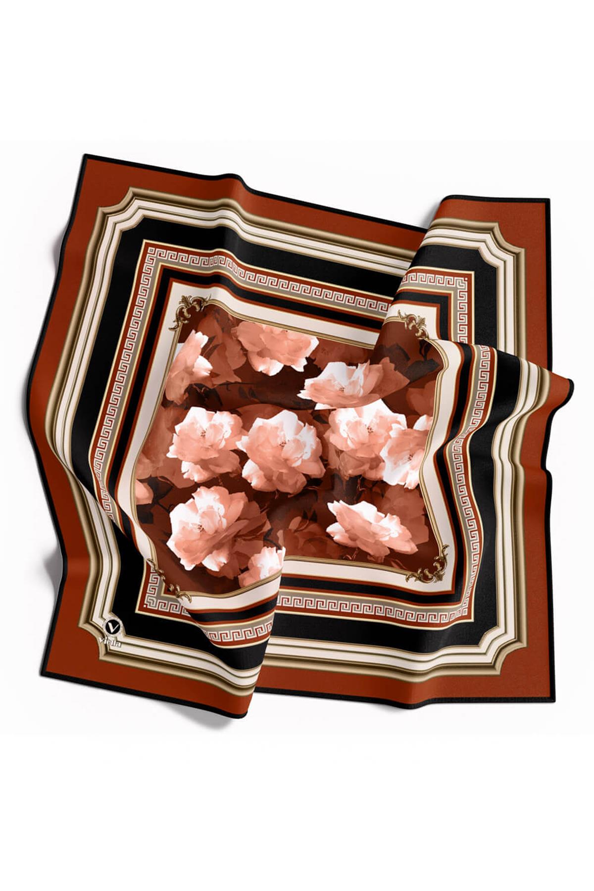 Rayon Çerçeveli Gül Desenli Taba Renkli 90x90 Dikim Şekli : El Dikişi Eşarp (İpek İçermez) Kenar Dikiş Şekli El Dikişli