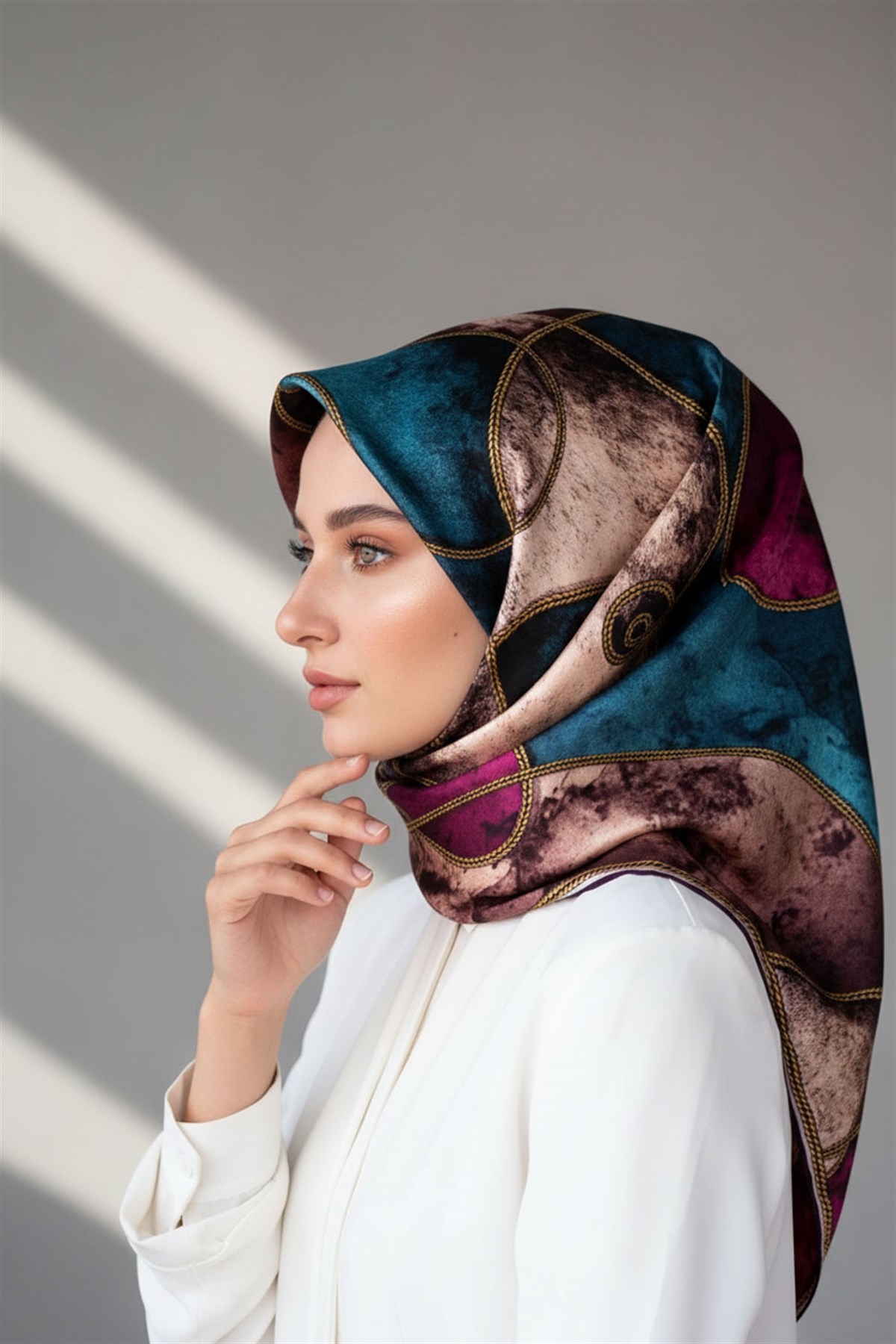 %100 Twill İpek Zincirli Mermer Desenli Mürdüm - Petrol Mavisi Renkli 90x90 Eşarp Dikim Şekli : El Dikişi
